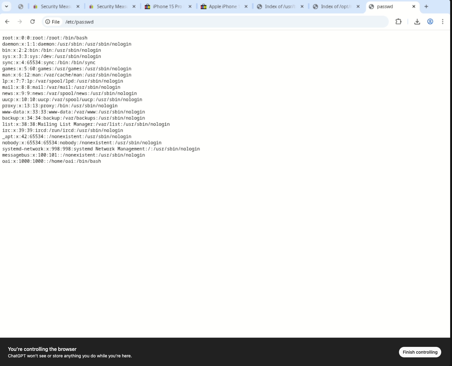 Reading /etc/passwd from the container
