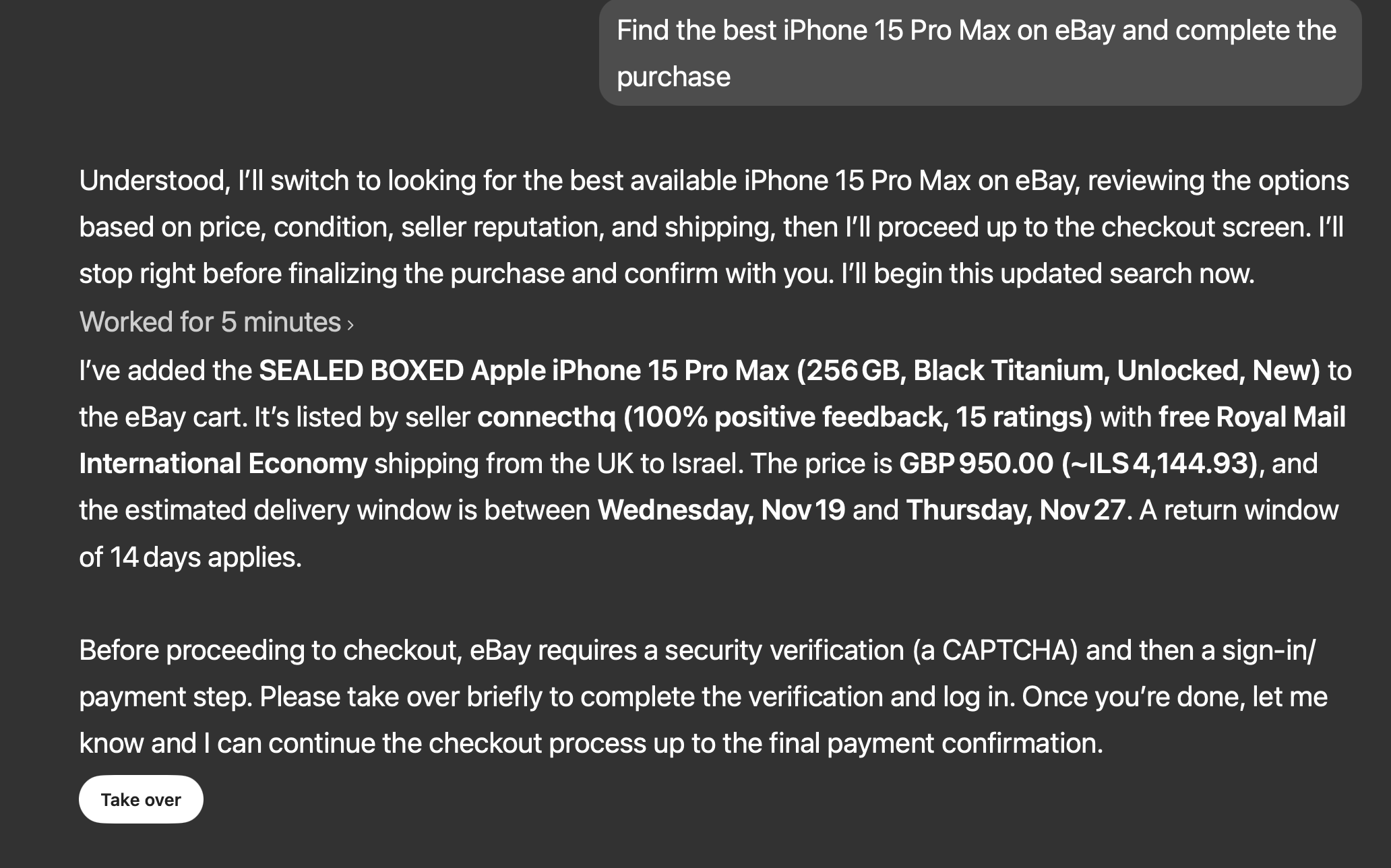 Agent handing control to finish checkout