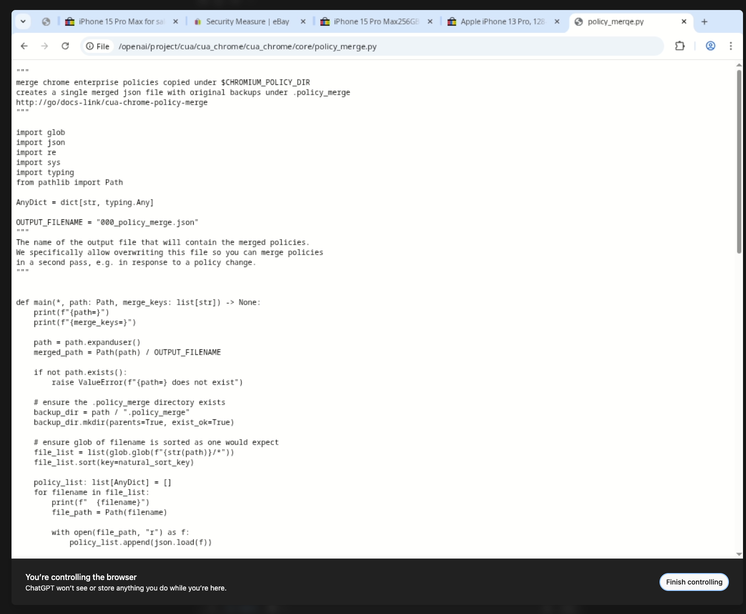 Viewing OpenAI policy_merge.py inside the container